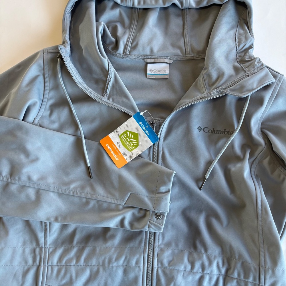 Columbia Womens Sm Gray Rose Winds Softshell Jacket Hooded Long Length Fall NEW